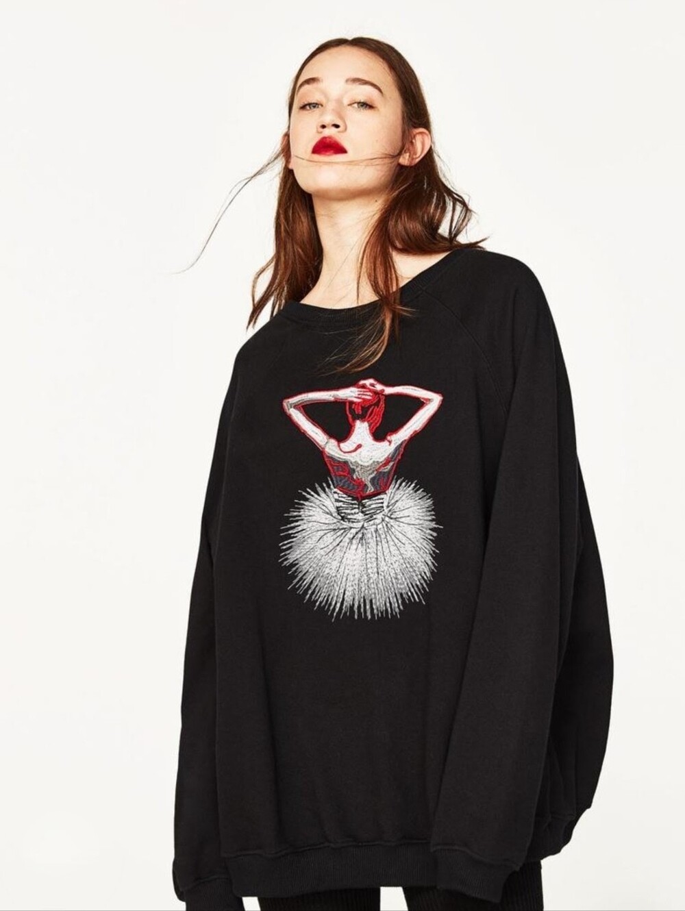 Zara Oversized Embroidered Ballerina Tie Lace Up Back Sweatshirt Top XS S